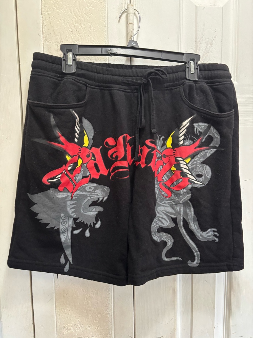 Ed Hardy Black Athletic Men's Graphic Sweat Shorts with Red Accent